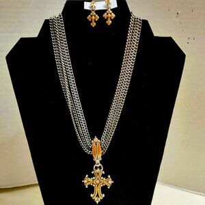 BIGHTON RETIRED SILVER/GOLD CROSS + MATCHING EARRINGS